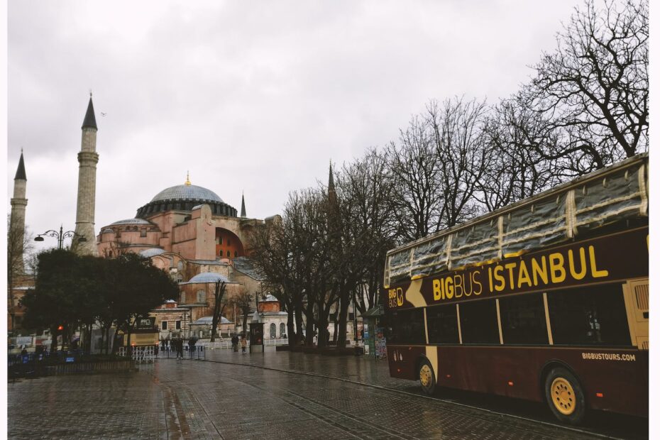 Brown Bigbus Istanbul Traveling on Road Near Brown Dome Building